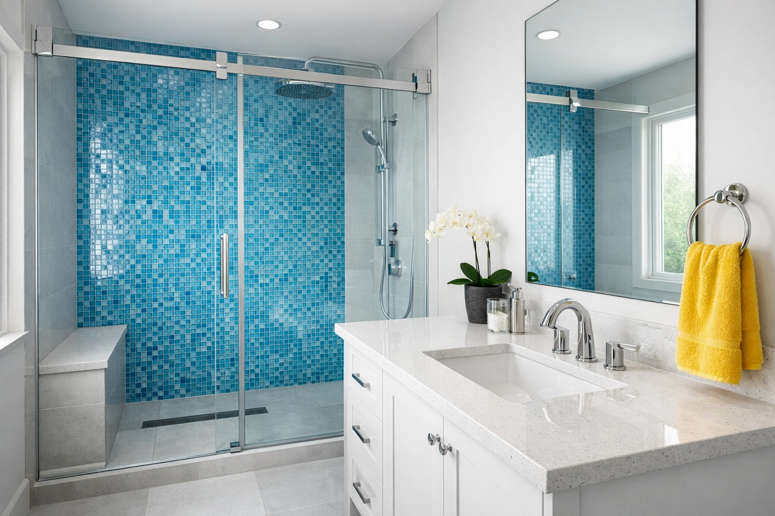 Sparkling clean modern bathroom with blue tiles following a professional deep cleaning service.