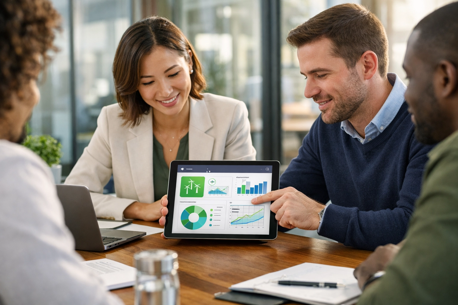 Professionals analyzing ServiceNow ITOM and ESG data dashboards for corporate sustainability reporting.