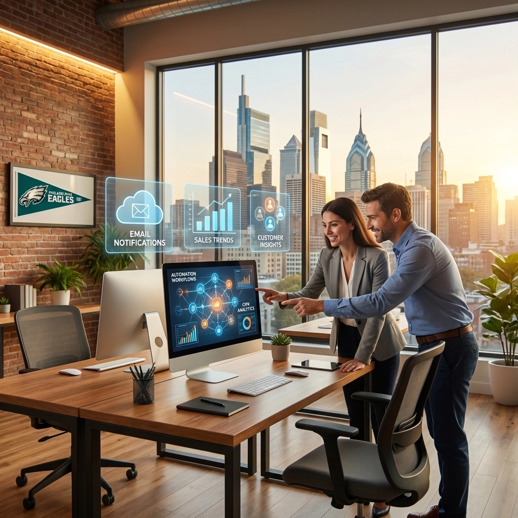 Modern Philadelphia small business office with diverse team using AI dashboards and automation systems