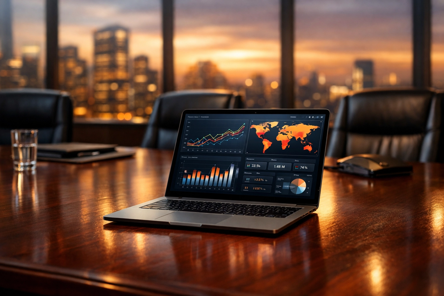 Global market analysis data on a laptop in a boardroom for strategic international scaling.
