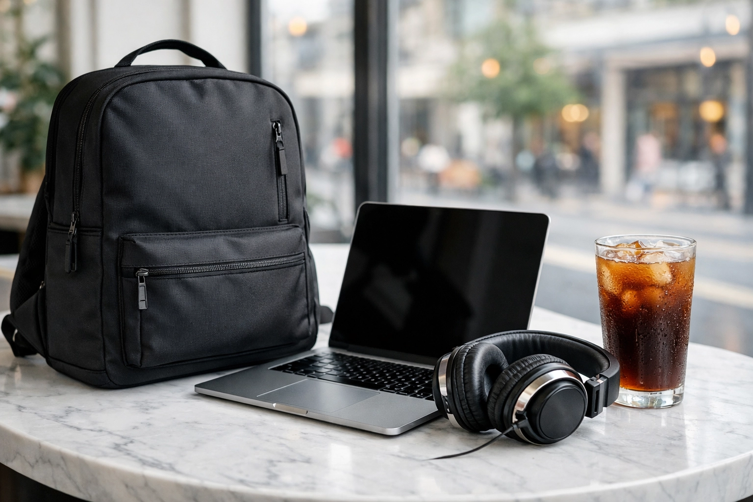 Minimalist backpack and mobile workstation setup in a cafe for independent artist remote strategy.