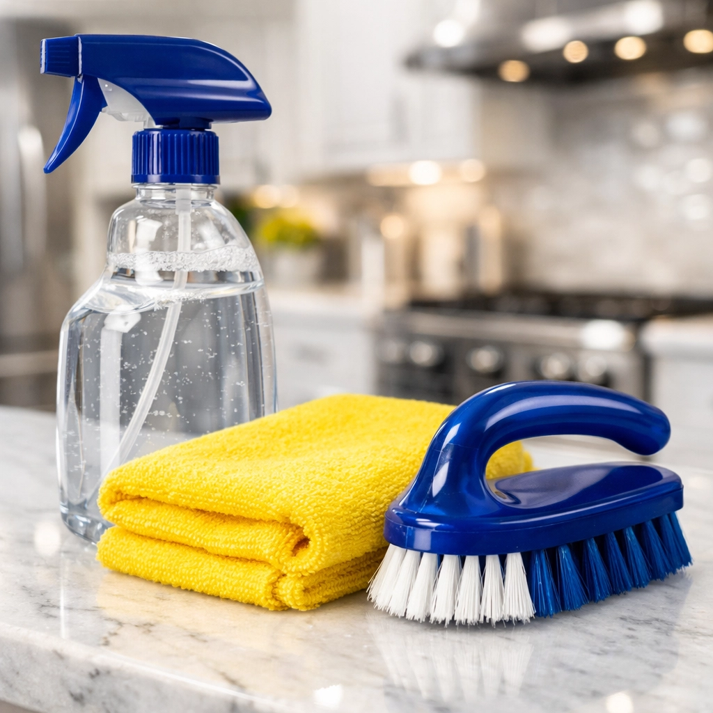 Professional house cleaning Worcester MA supplies and microfiber cloths on a clean marble countertop.