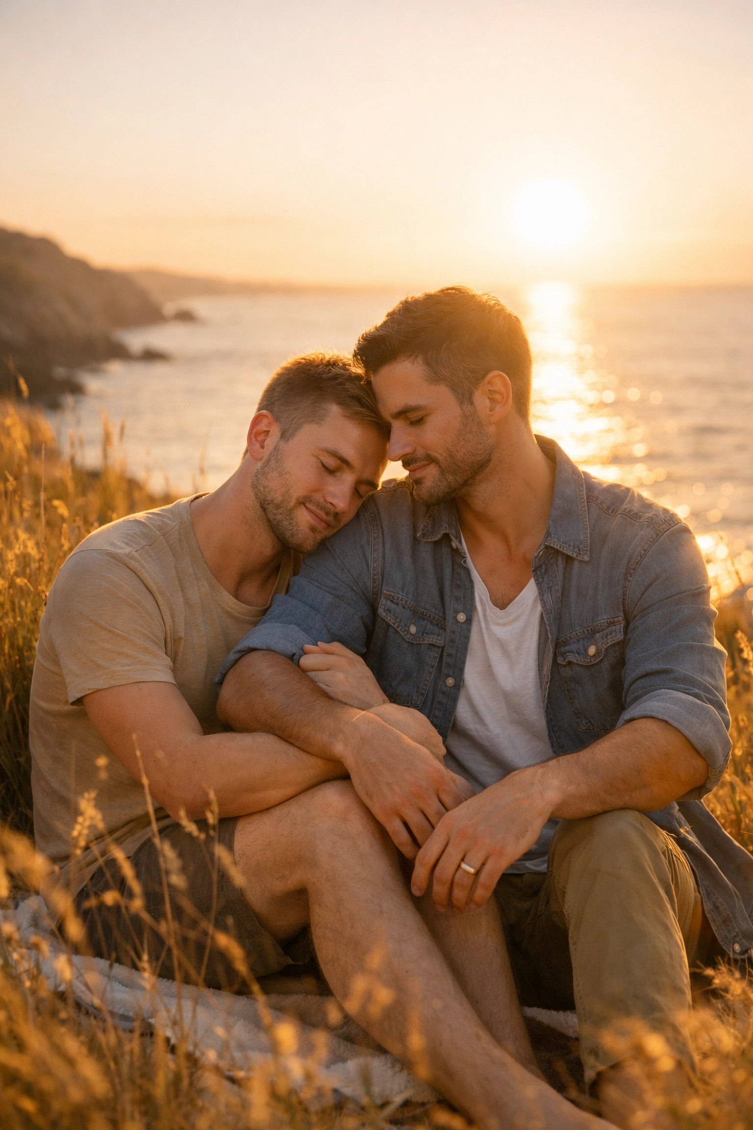 Intimate gay couple in a coastal setting captured in natural golden hour light for gay art.