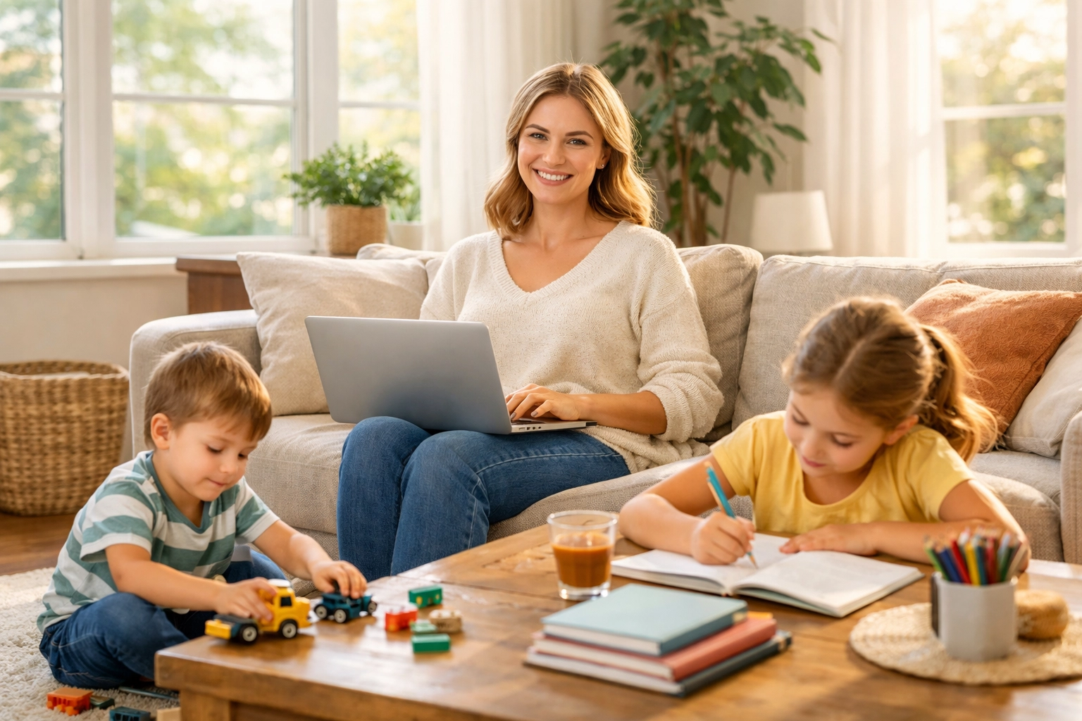 Stay-at-home mom working as travel advisor while spending time with kids