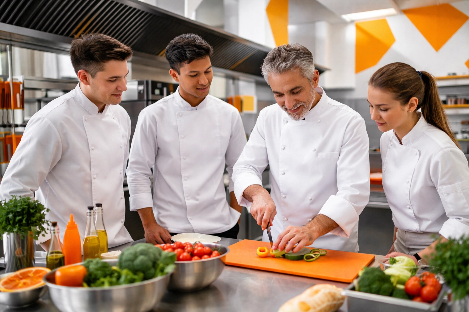 Hospitality team training in a contemporary kitchen, illustrating talent development in restaurants.