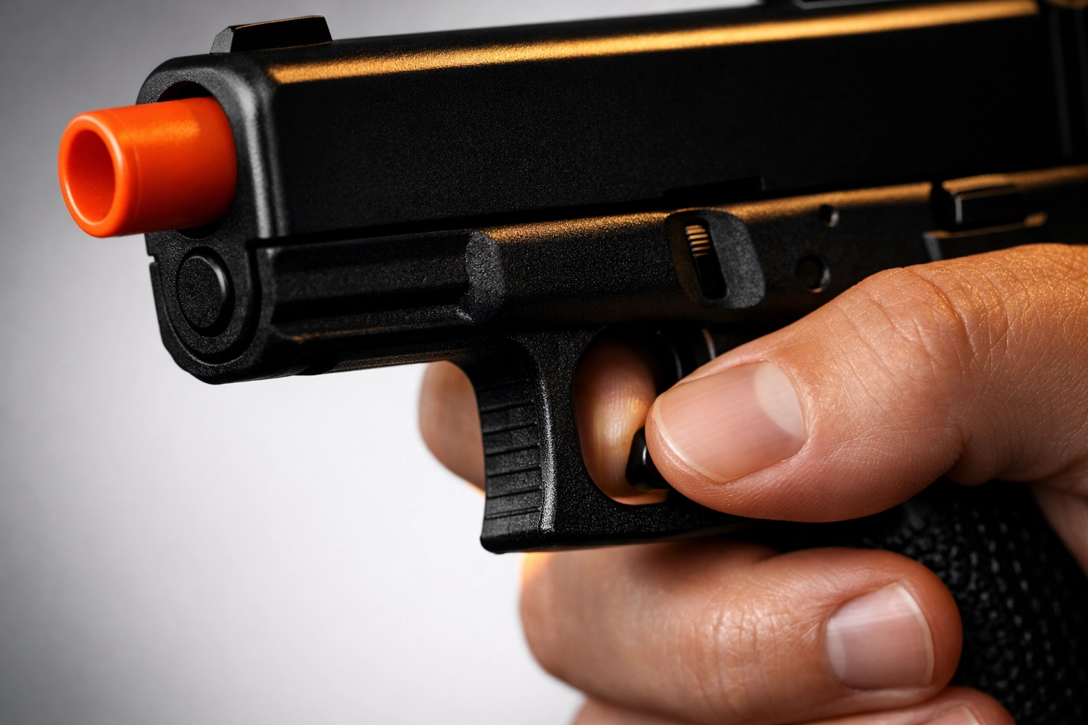 Proper trigger press technique on a training pistol emphasizing isolated finger movement.