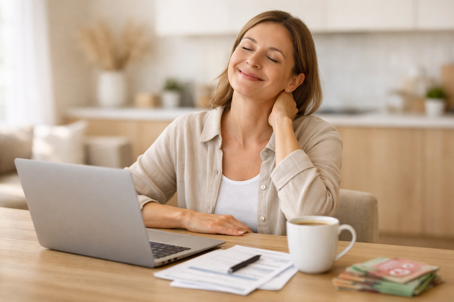 Relieved person sitting at home after being approved for an installment loan in Canada.