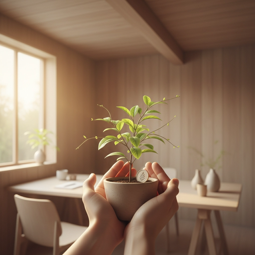 Hands cradle a small potted plant in a sunlit wooden room. A table with a chair is in the background. Calm and nurturing mood.