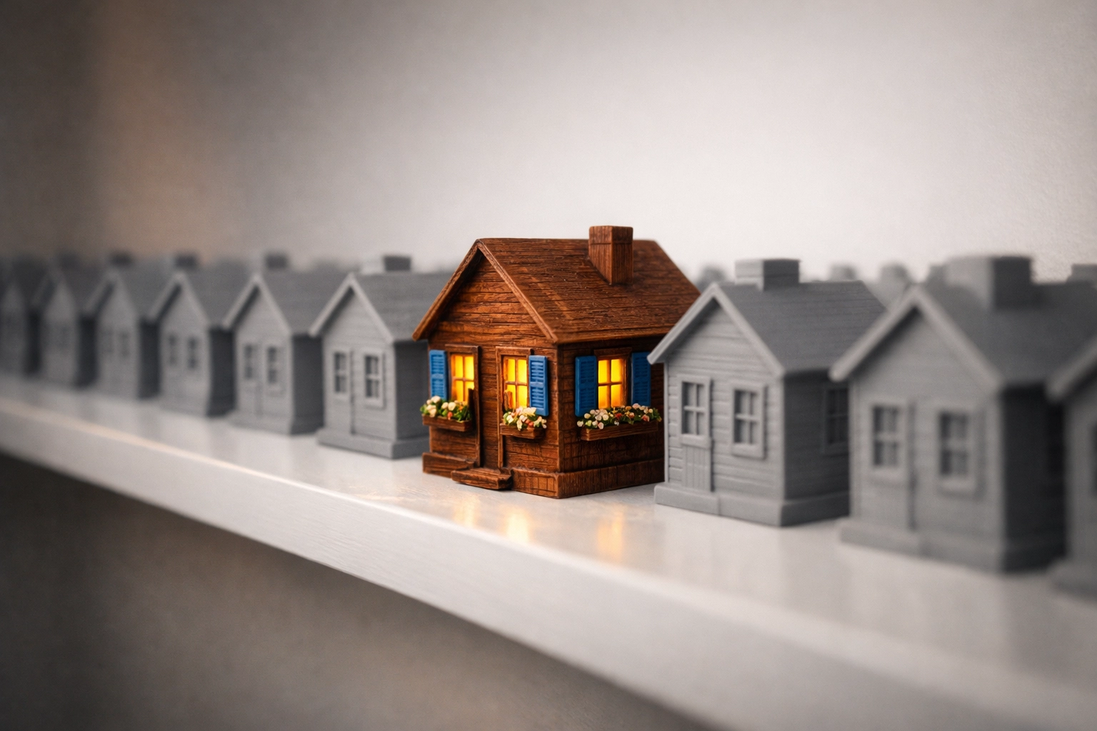 A handcrafted wooden house standing out from generic models, representing unique small business web design.