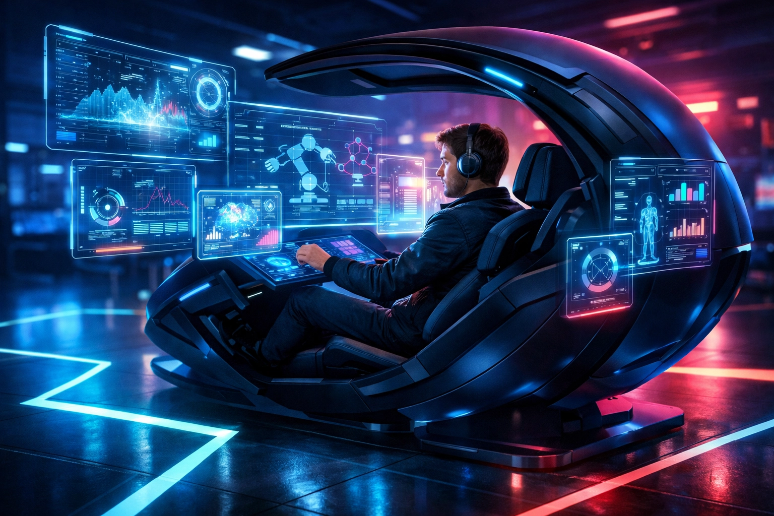 Student using a simulation pod for workforce innovation and high-tech career training.