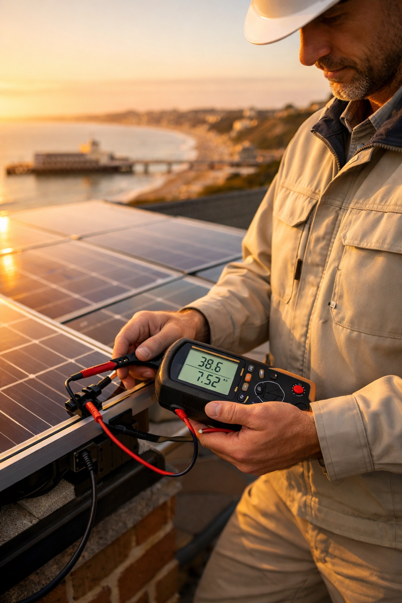 Professional solar technician performing maintenance on a business rooftop in Bournemouth.