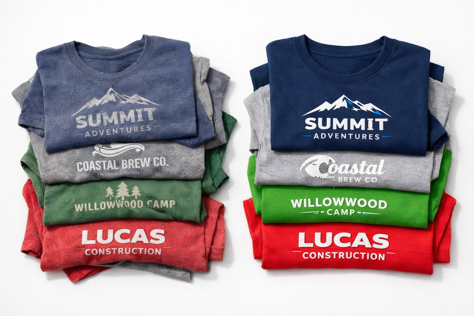 Custom t-shirts Kona comparison showing worn faded shirts next to fresh vibrant branded apparel