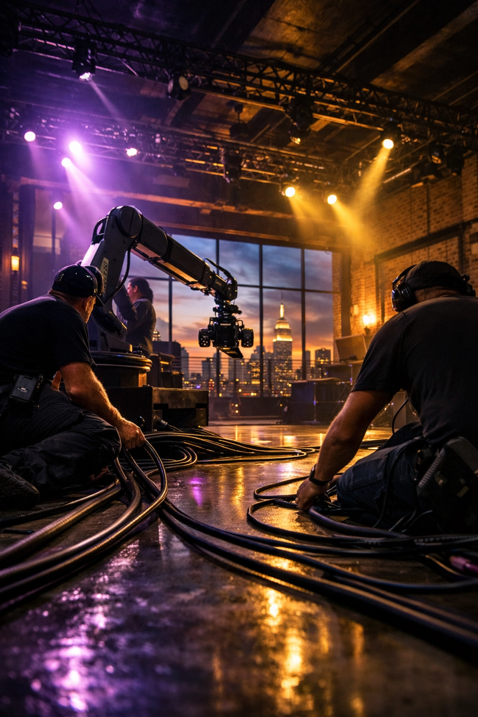 High-tech photo booth setup with robotic camera and power cables at NYC brand activation venue