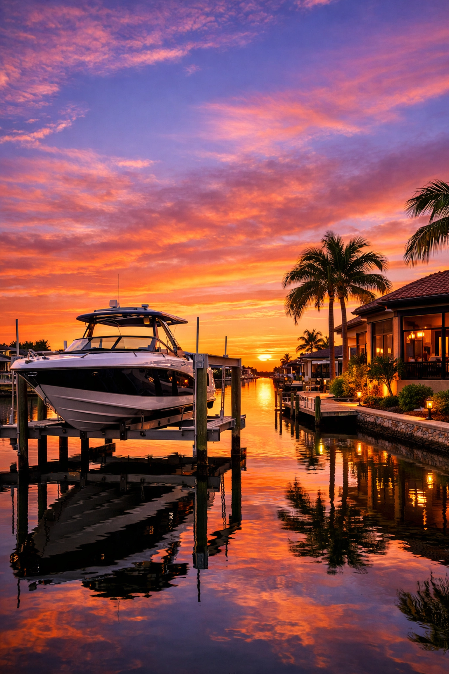 Cape Coral waterfront property with a private boat dock on a scenic canal at sunset.