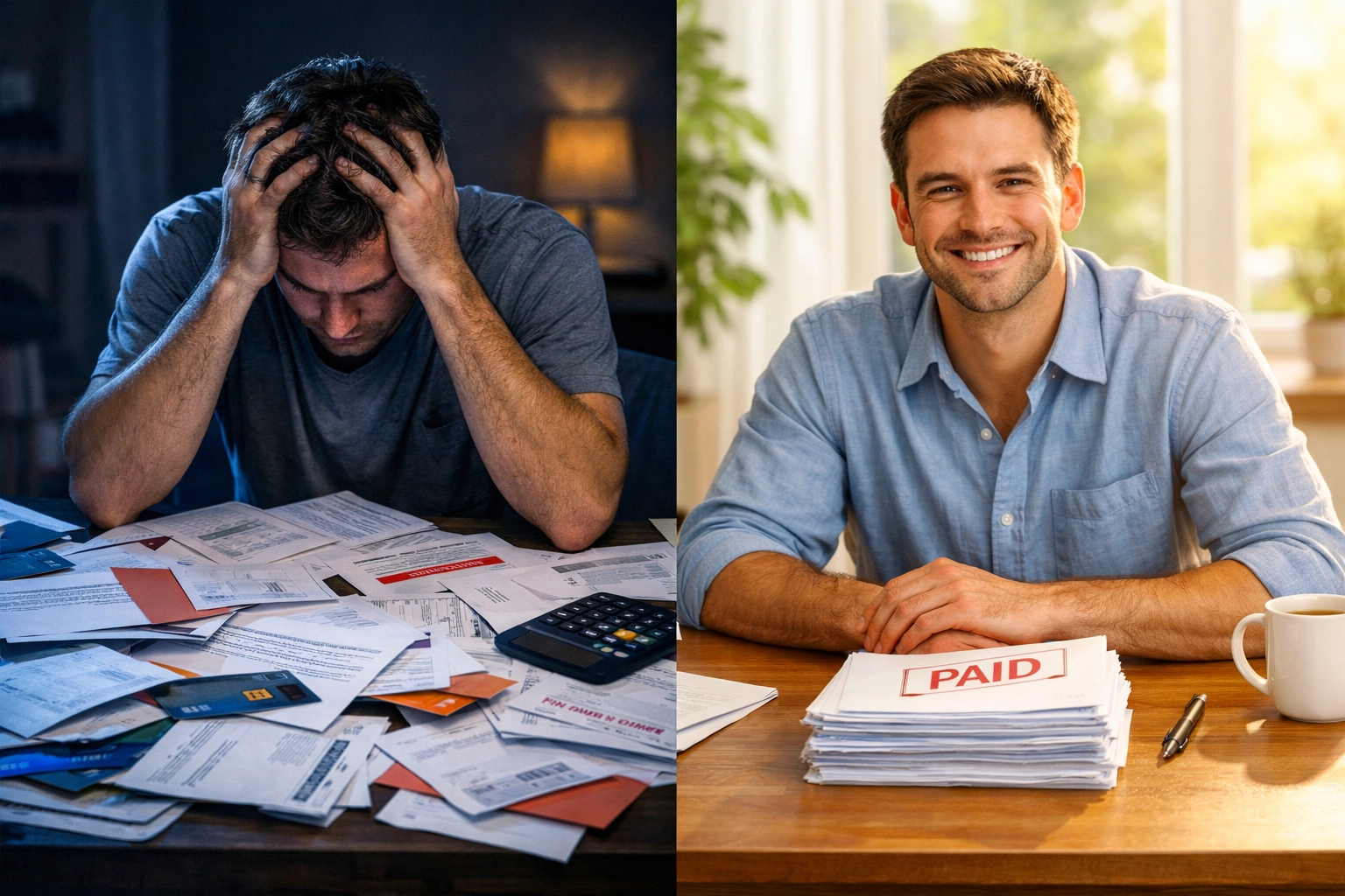 Before and after credit improvement showing transformation from debt stress to financial control