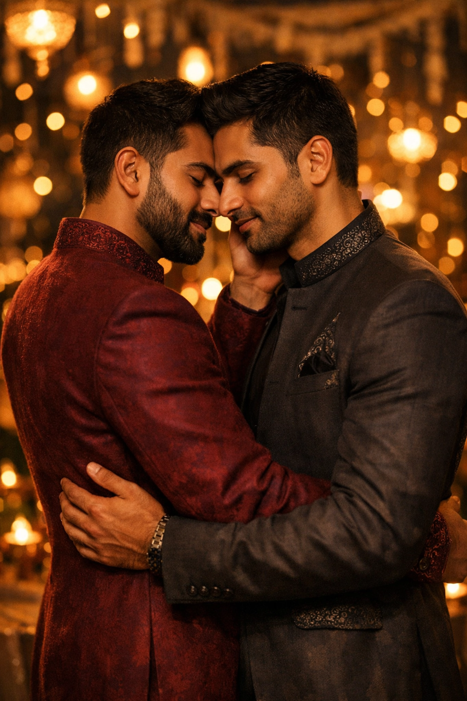 Gay South Asian couple embracing at Indian cultural celebration in traditional and modern attire