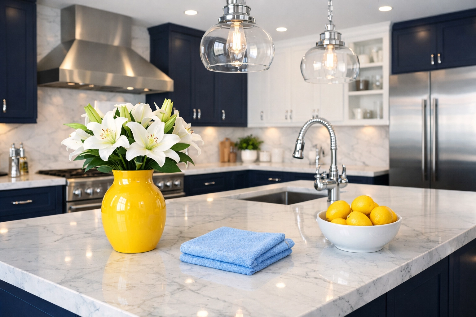 Pristine kitchen with navy cabinets and marble counters maintained by a bi-weekly cleaning service.