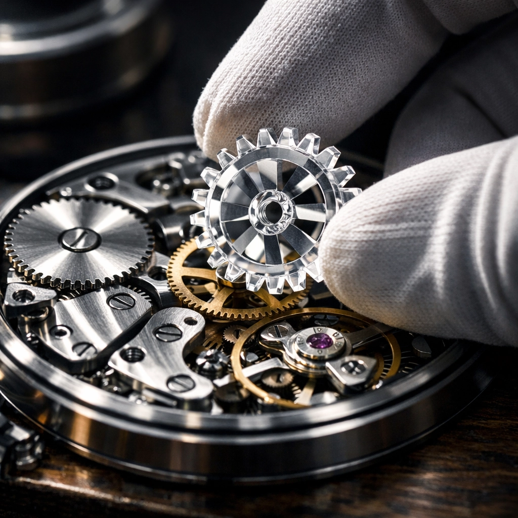 Precision gear being placed into a system, symbolizing the implementation of a scalable software training process.