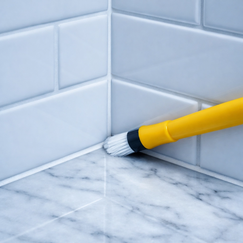 Detailing shower tile corners with a soft brush to remove stubborn grout haze and construction dust.
