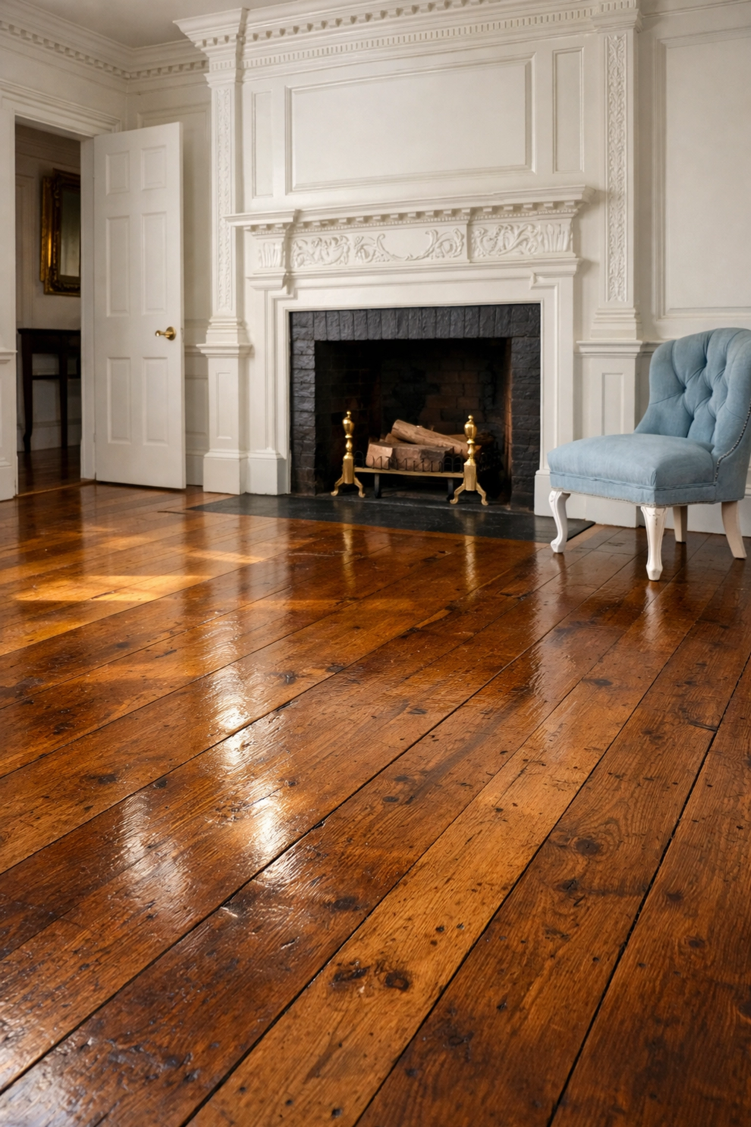 Restored 18th-century Marblehead estate interior with professionally cleaned hardwood floors.