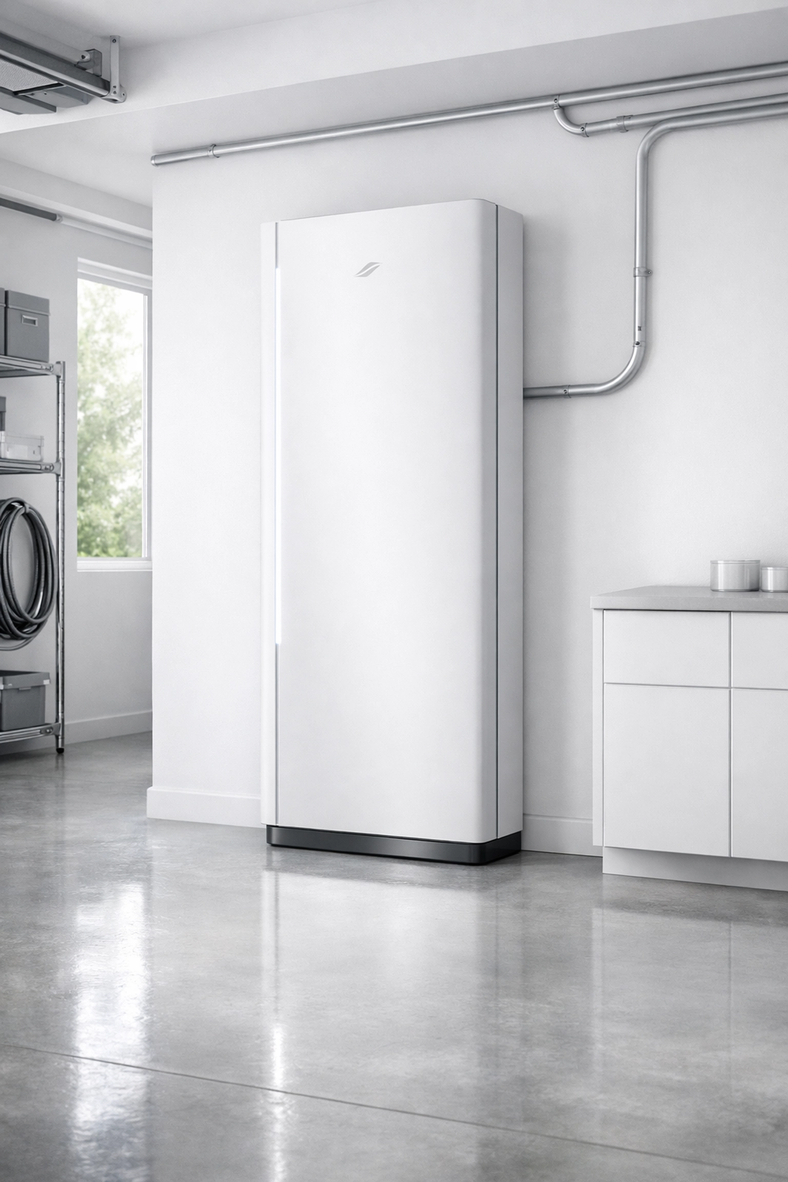 Minimalist solar battery storage unit in a modern home to maximize renewable energy efficiency.