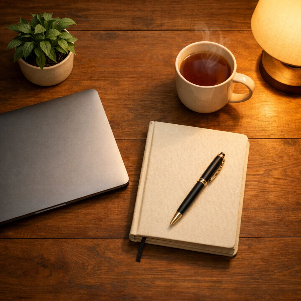 Peaceful evening table with closed laptop, tea, and journal promoting rest from news cycle