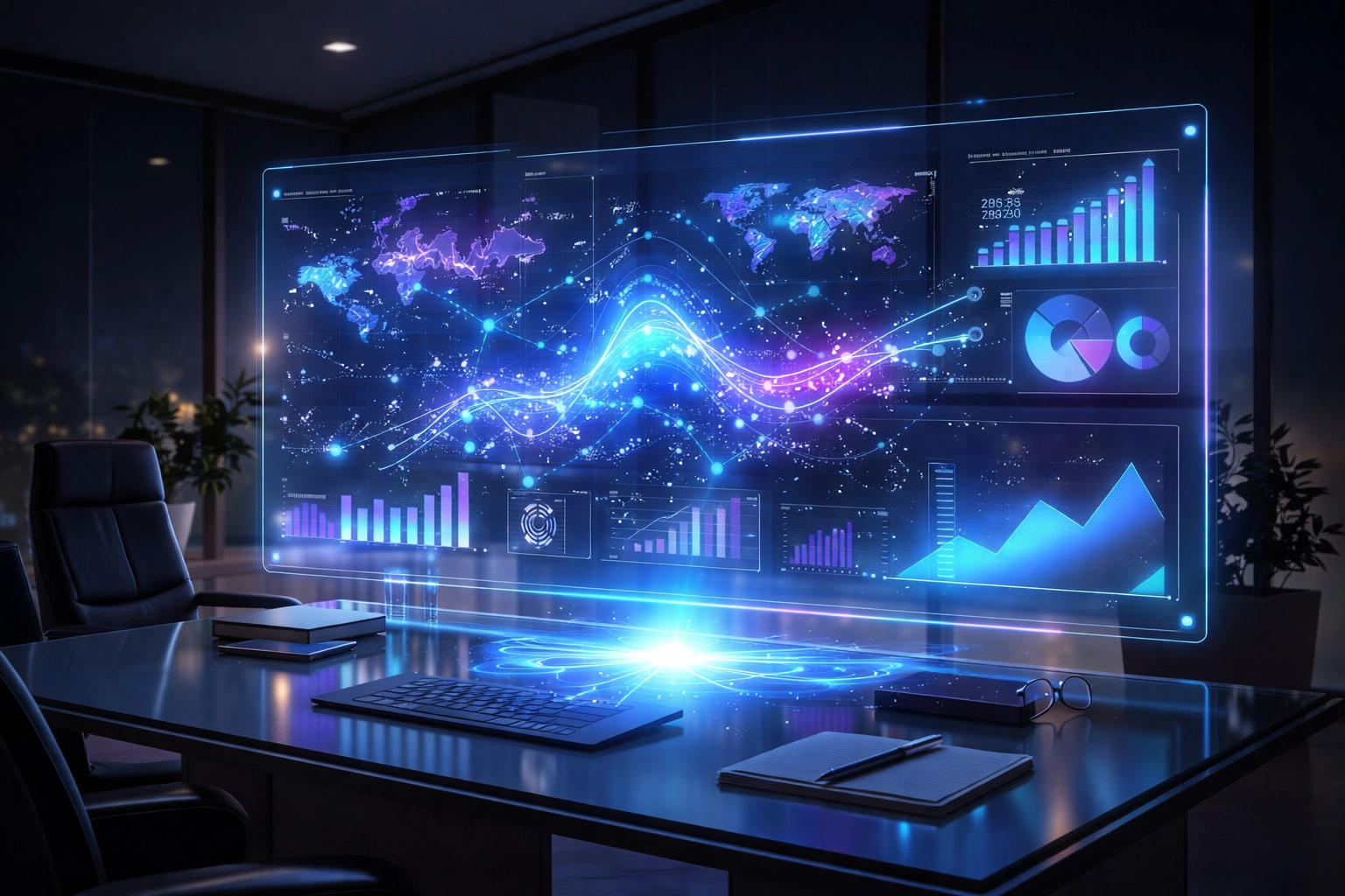 Holographic dashboard with digital analytics inside a modern office, illustrating automated smart reporting with AI-powered RPA.