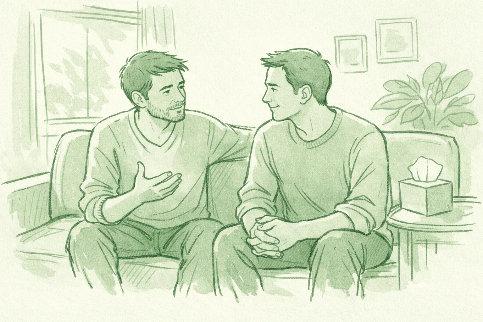 Two men in therapy rebuilding trust after political trauma and betrayal