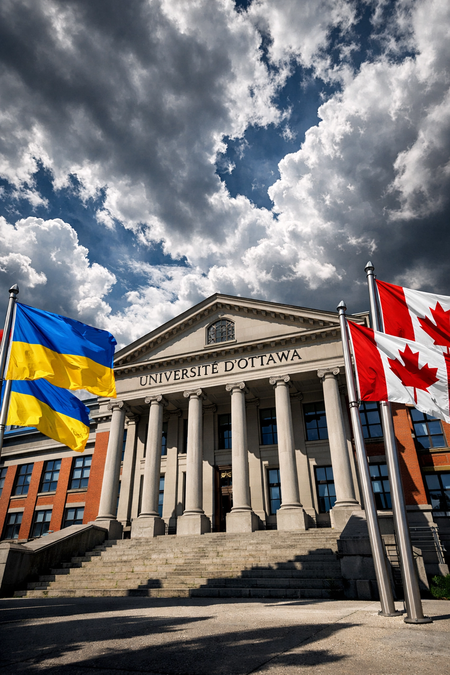 University of Ottawa building with Ukrainian and Canadian flags marking four years since Russia's invasion