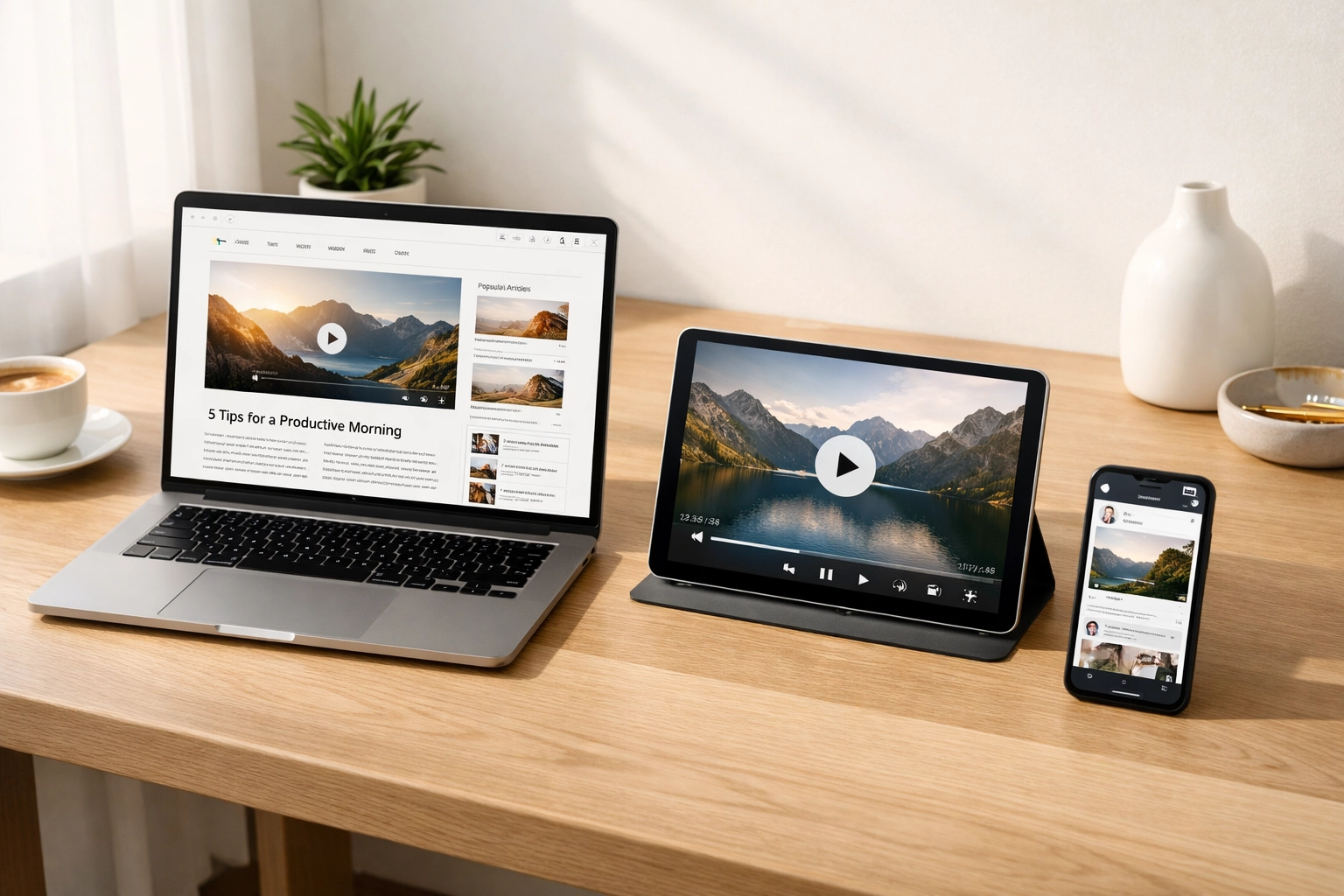 Laptop and mobile devices showing a coordinated cross-platform video marketing and blog integration strategy.