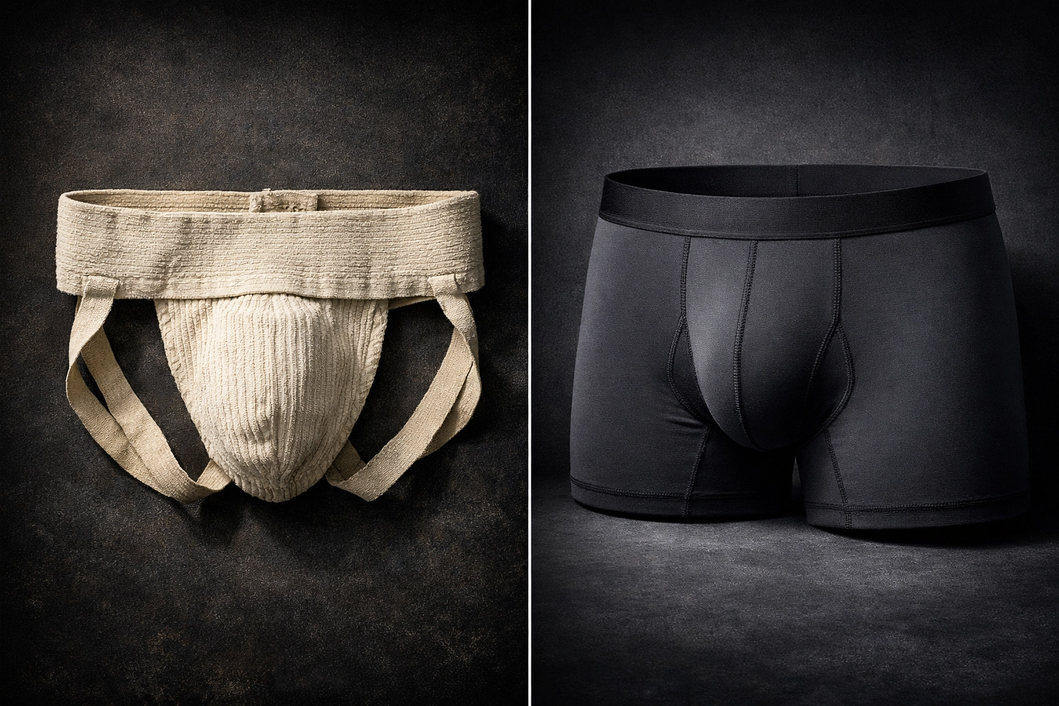 Comparison of a vintage white jockstrap and modern grey pouch support underwear for men's athletic support.