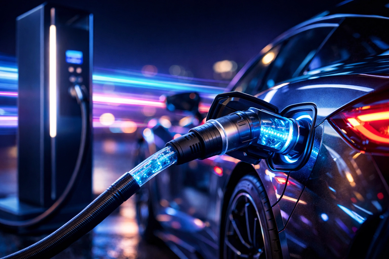 Futuristic electric sports car charging at a high-speed ultra-fast station at night.