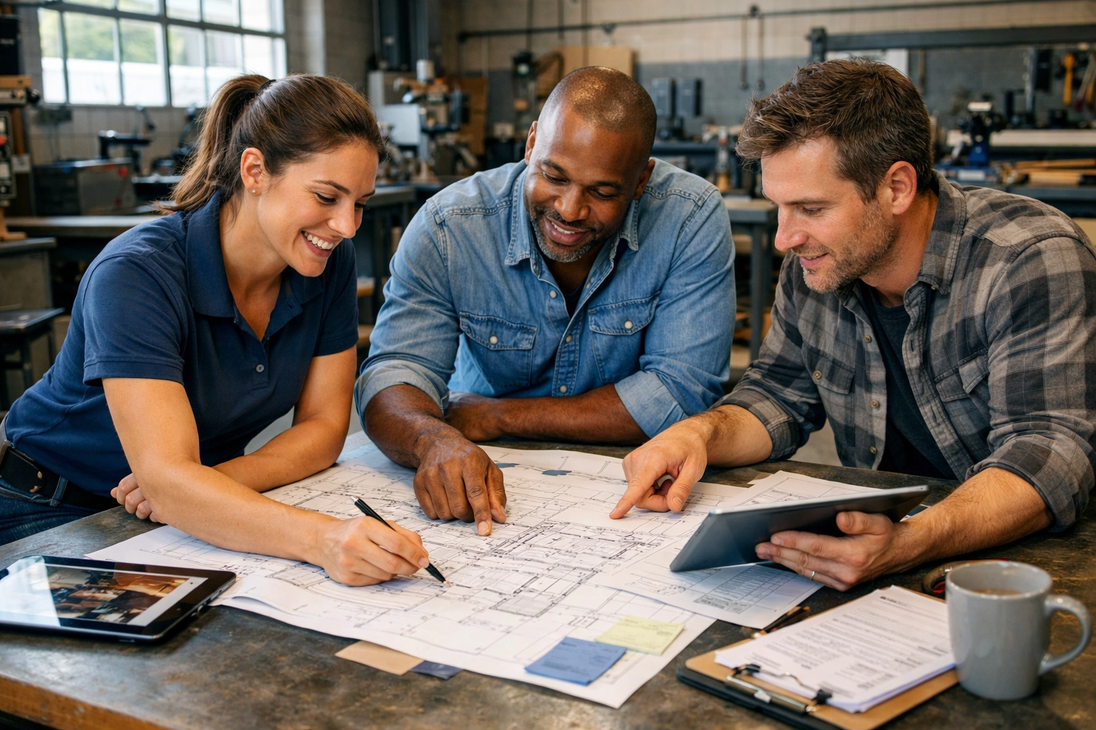 Business team working independently and collaborating on projects without owner present
