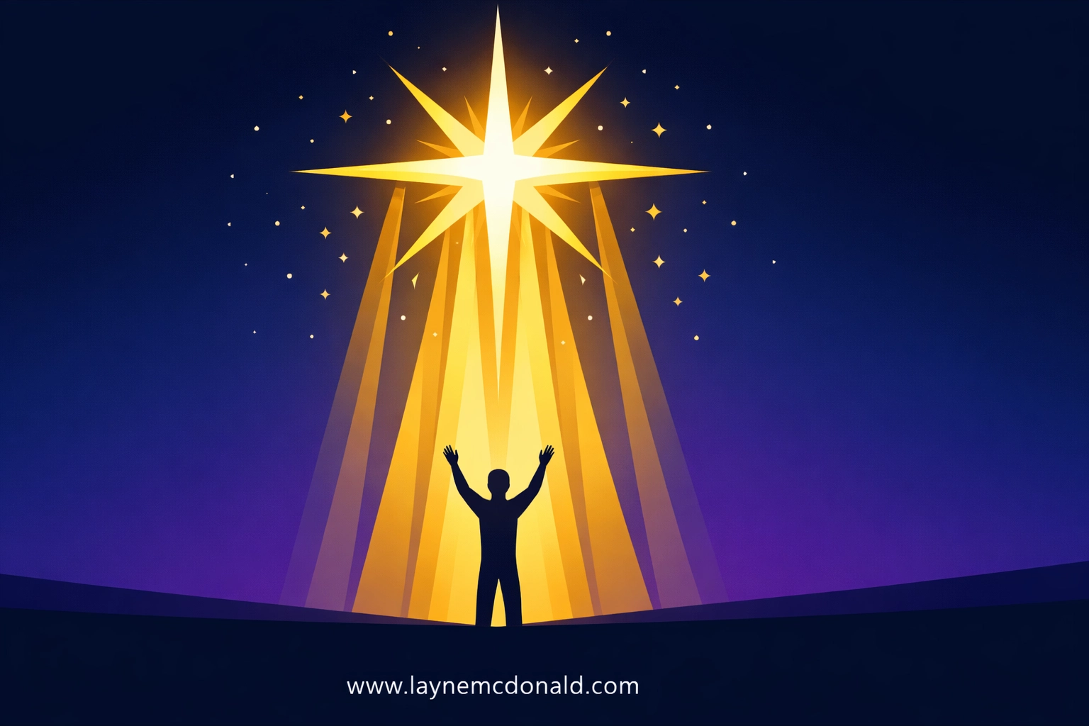 Person in worship under a radiant celestial star, symbolizing restoration and peace in God's presence.