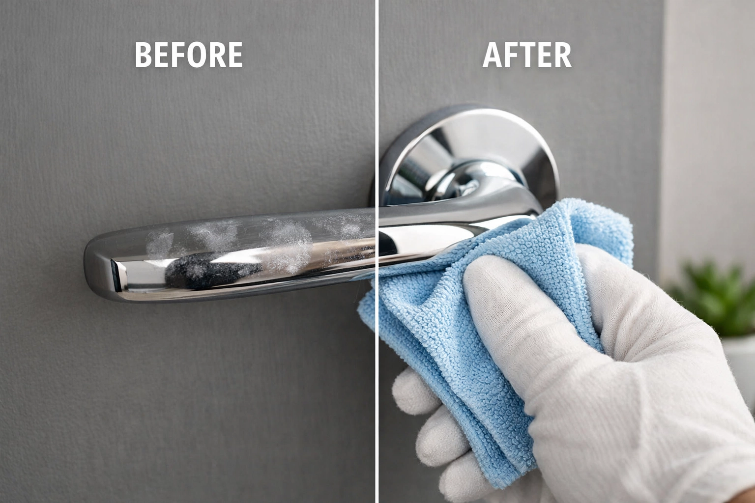 Close-up of hands cleaning door handle demonstrating meticulous commercial cleaning standards