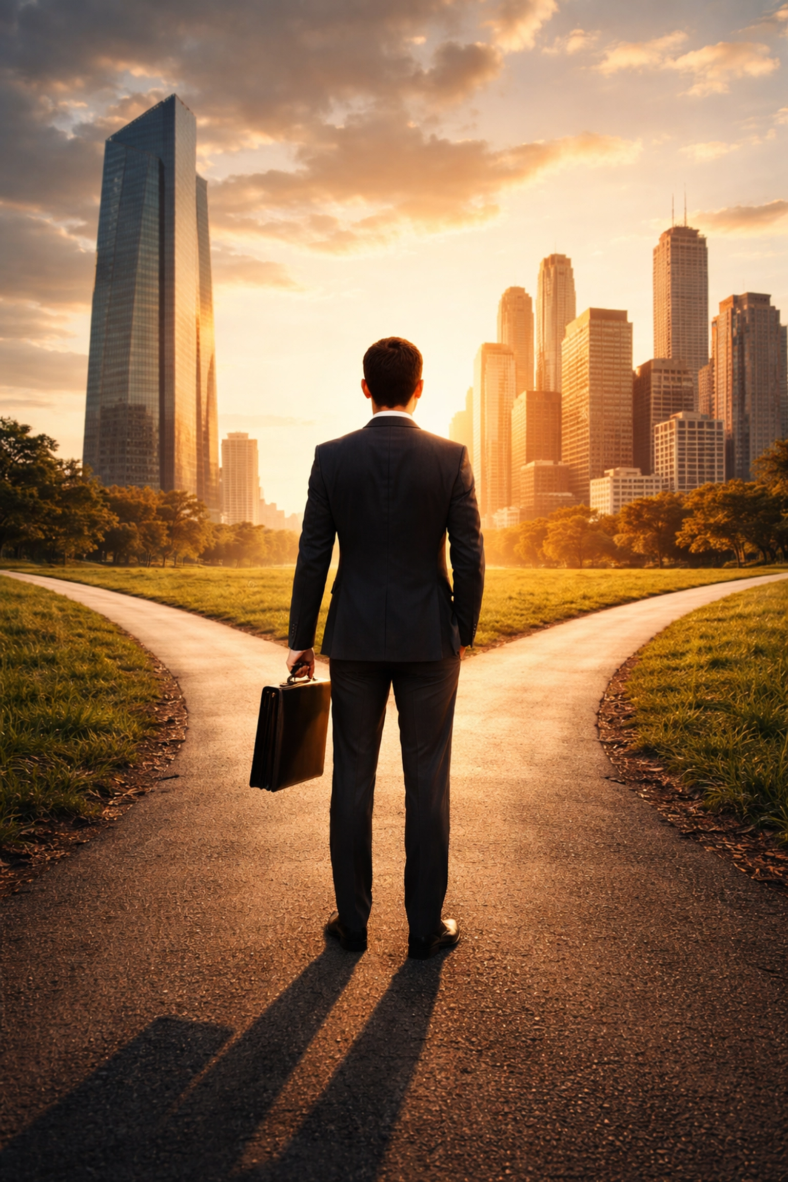 Businessman choosing between concentrated stock investment and a diversified portfolio at a crossroads