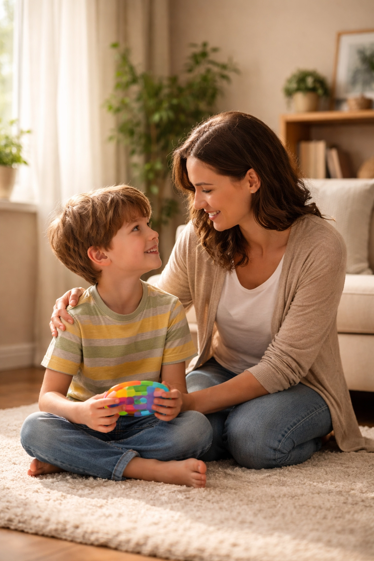 Parent and child connecting in a calm living room, demonstrating supportive parenting for children with sensory sensitivity and attention needs