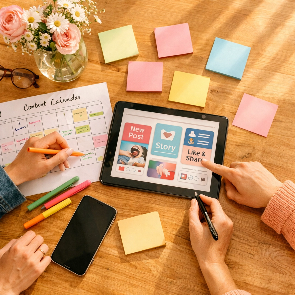 Social media manager and client collaborating on content strategy and planning