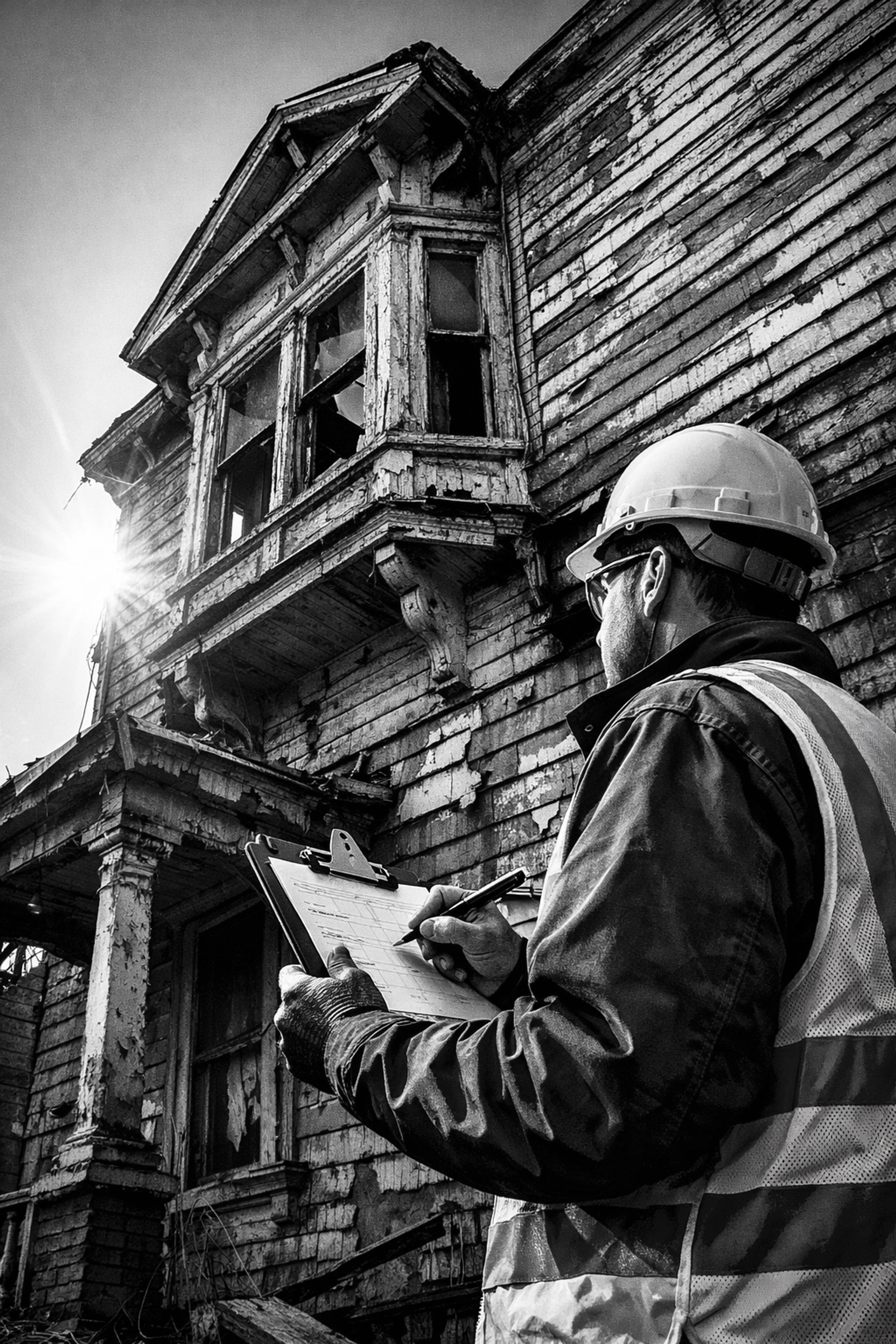 Building inspector examining old residential structure for pre-demolition assessment in NC