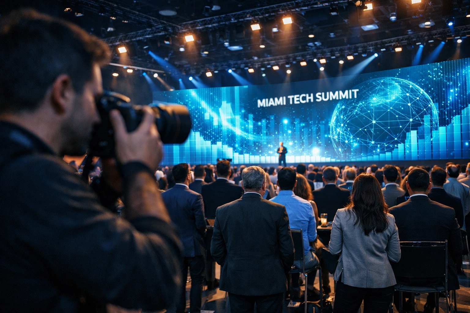 A professional photographer capturing a high-end corporate tech summit at a Miami convention center.