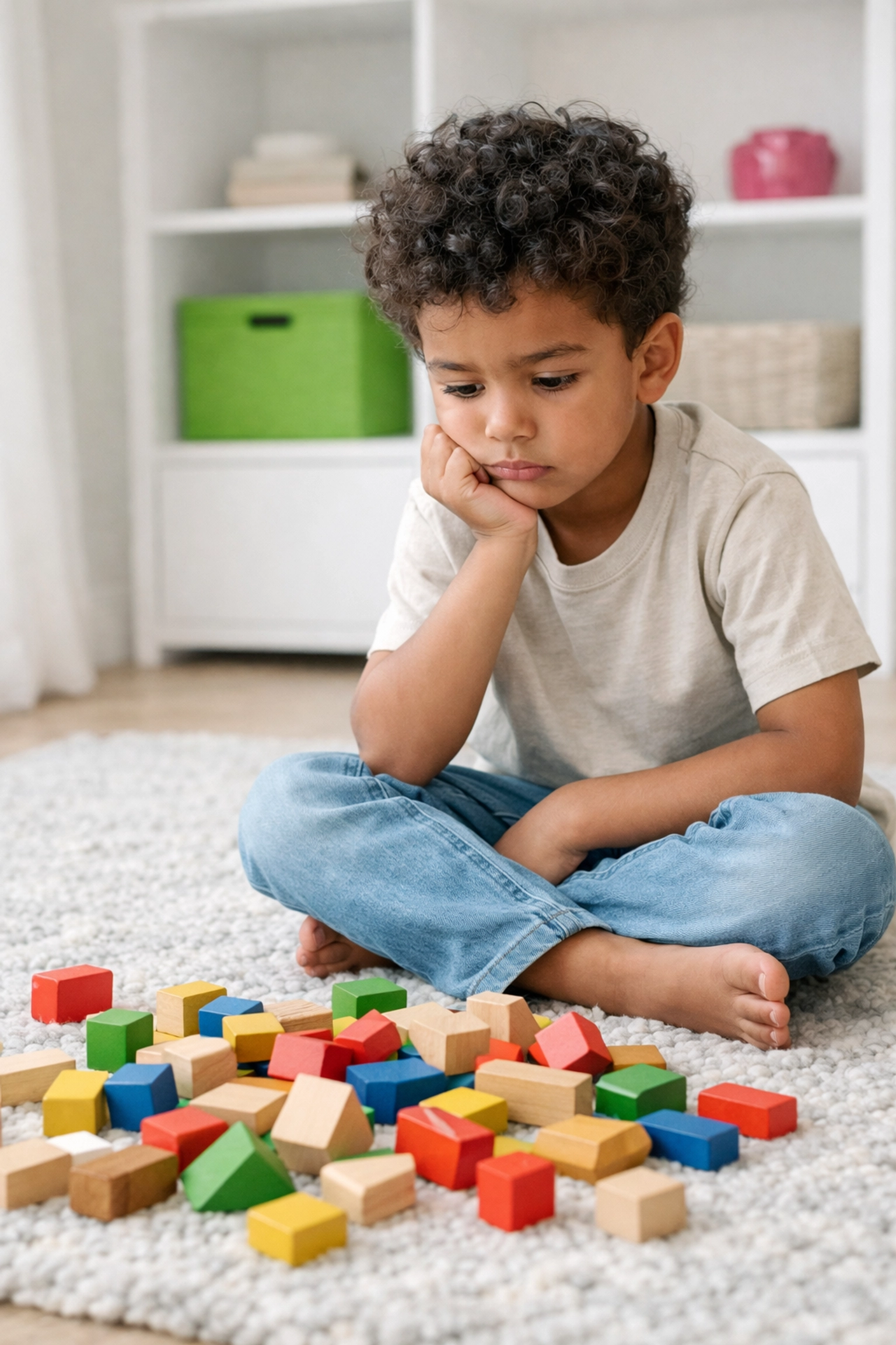 Overweldigd kind bij een rommelige kamer door haperende executieve functies.