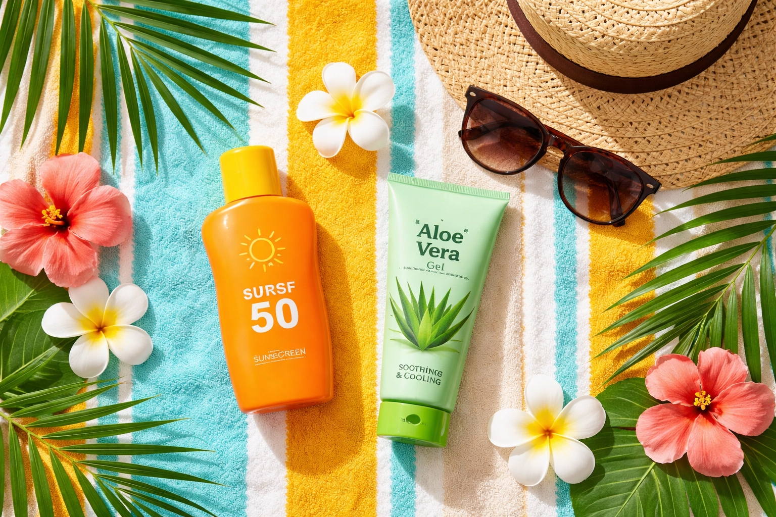 Flat lay of sunscreen, straw hat, sunglasses, and aloe on a vibrant towel for Puerto Vallarta sun protection