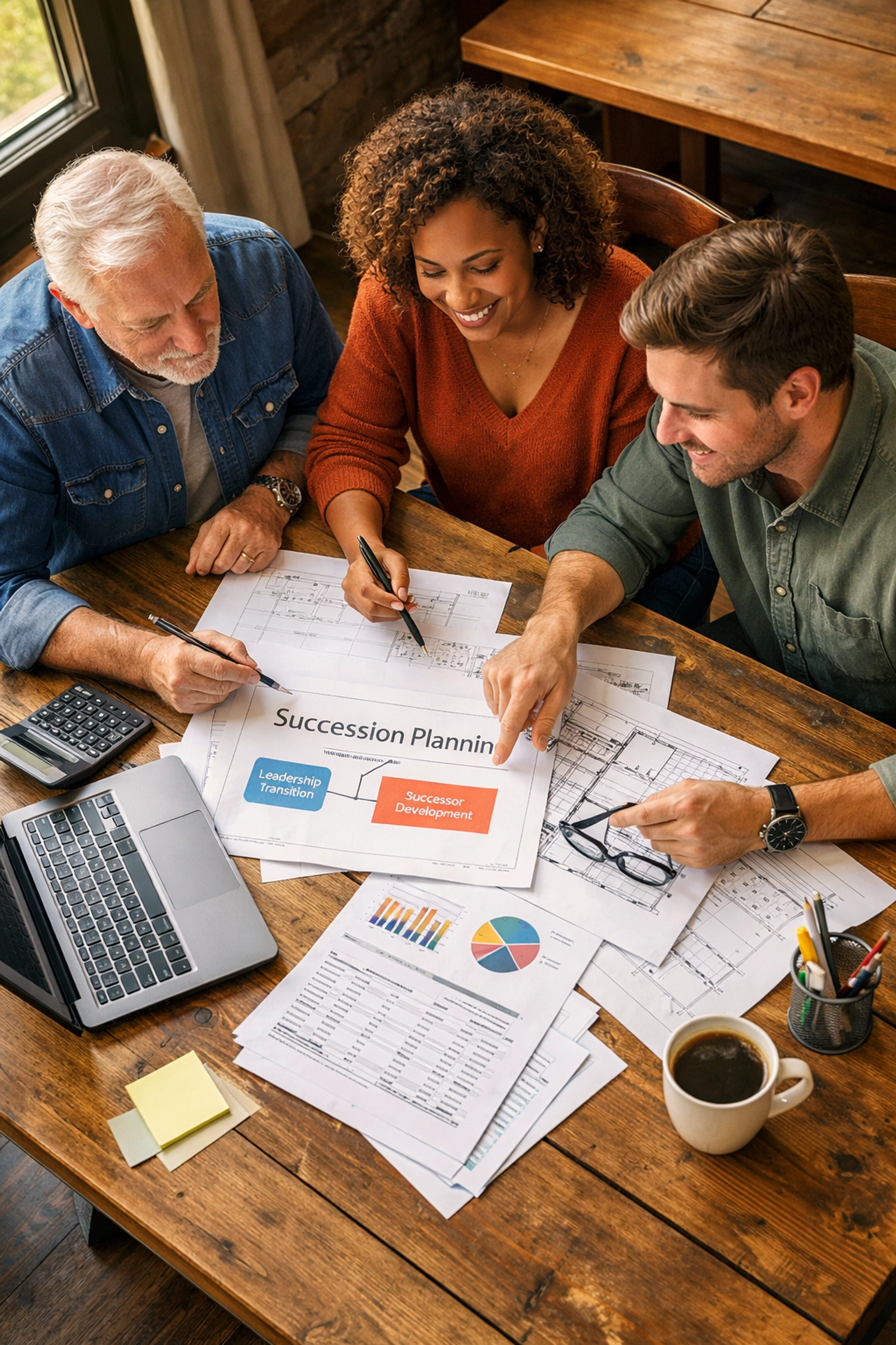 Restaurant consultants collaborating on succession planning documents and strategy