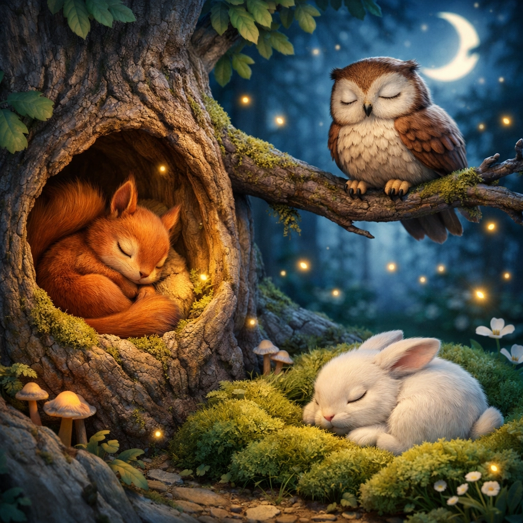Sleepy woodland animals in moonlit forest bedtime story scene