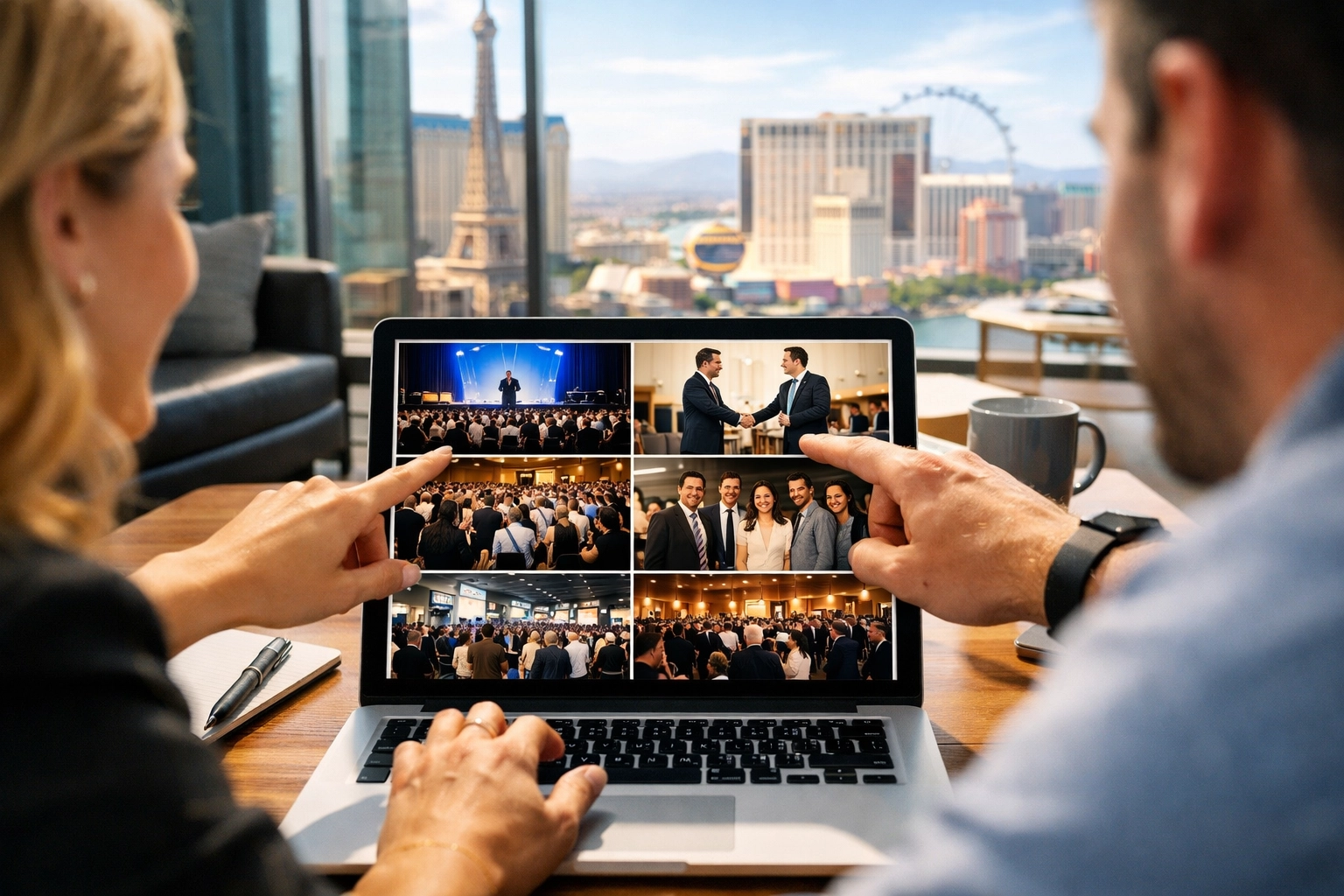 Business team reviewing corporate photography services and event images for social media marketing.