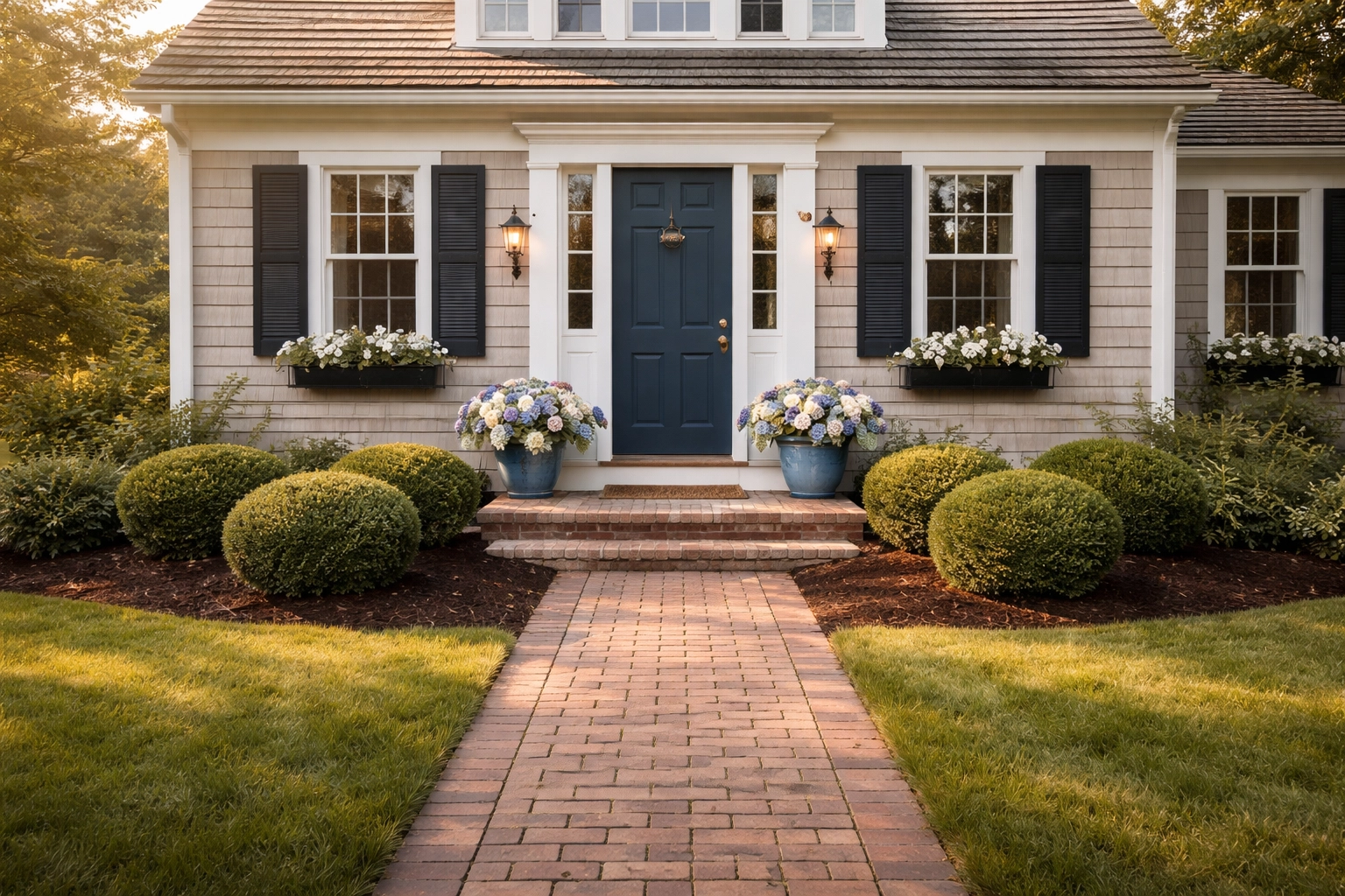 Charming Melrose home with manicured lawn, navy door, and fresh landscaping, highlighting curb appeal tips for Massachusetts sellers.