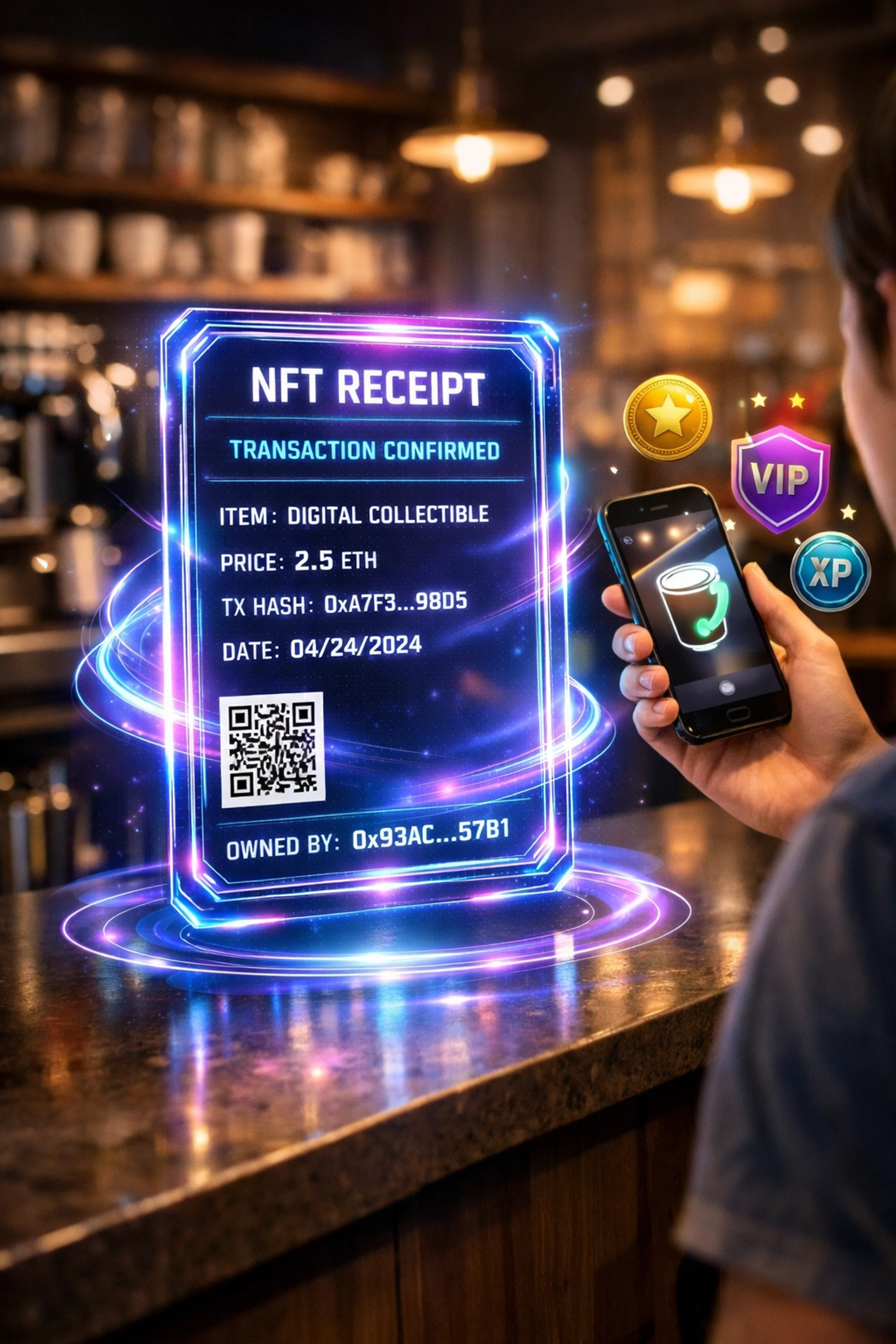 NFT receipt technology for crypto payments with loyalty rewards at coffee shop point of sale