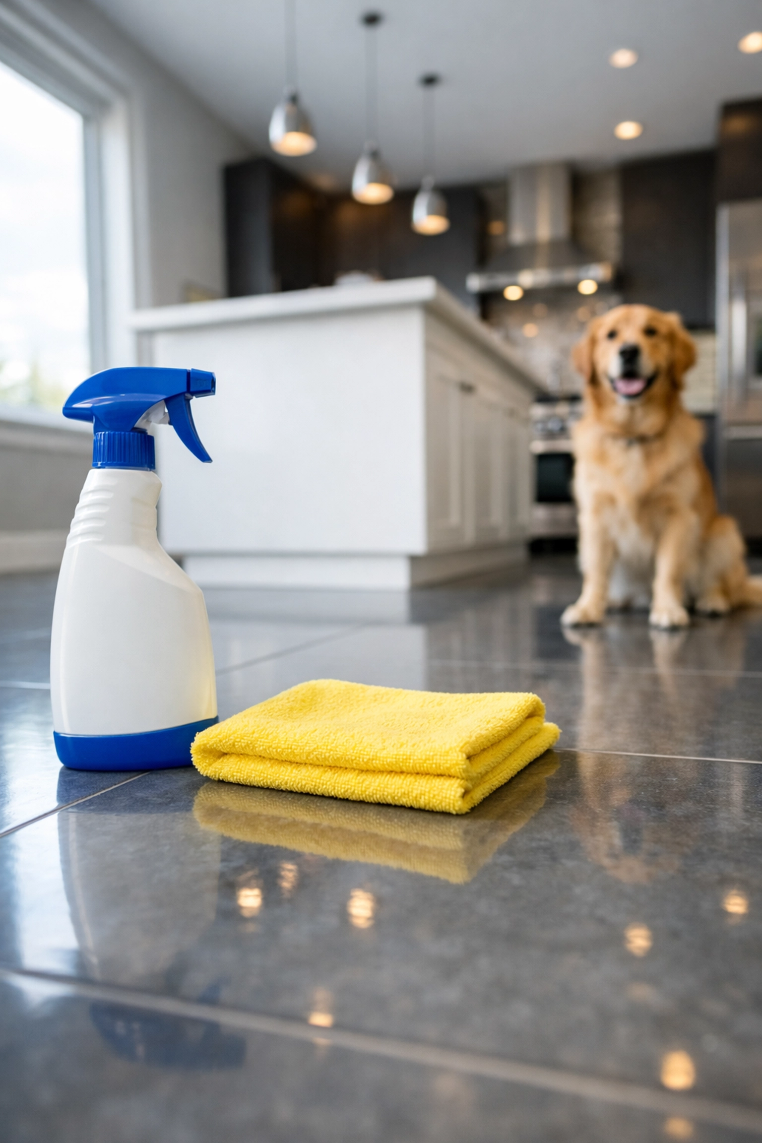 Eco-friendly house cleaning in Leominster MA: a dog in a clean kitchen with professional supplies.