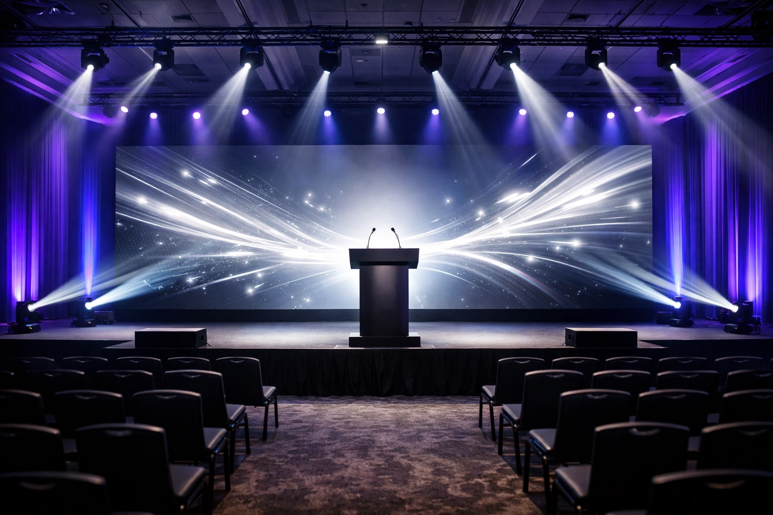 Modern corporate event stage with professional A/V equipment and colorful uplighting for business events in Denver.