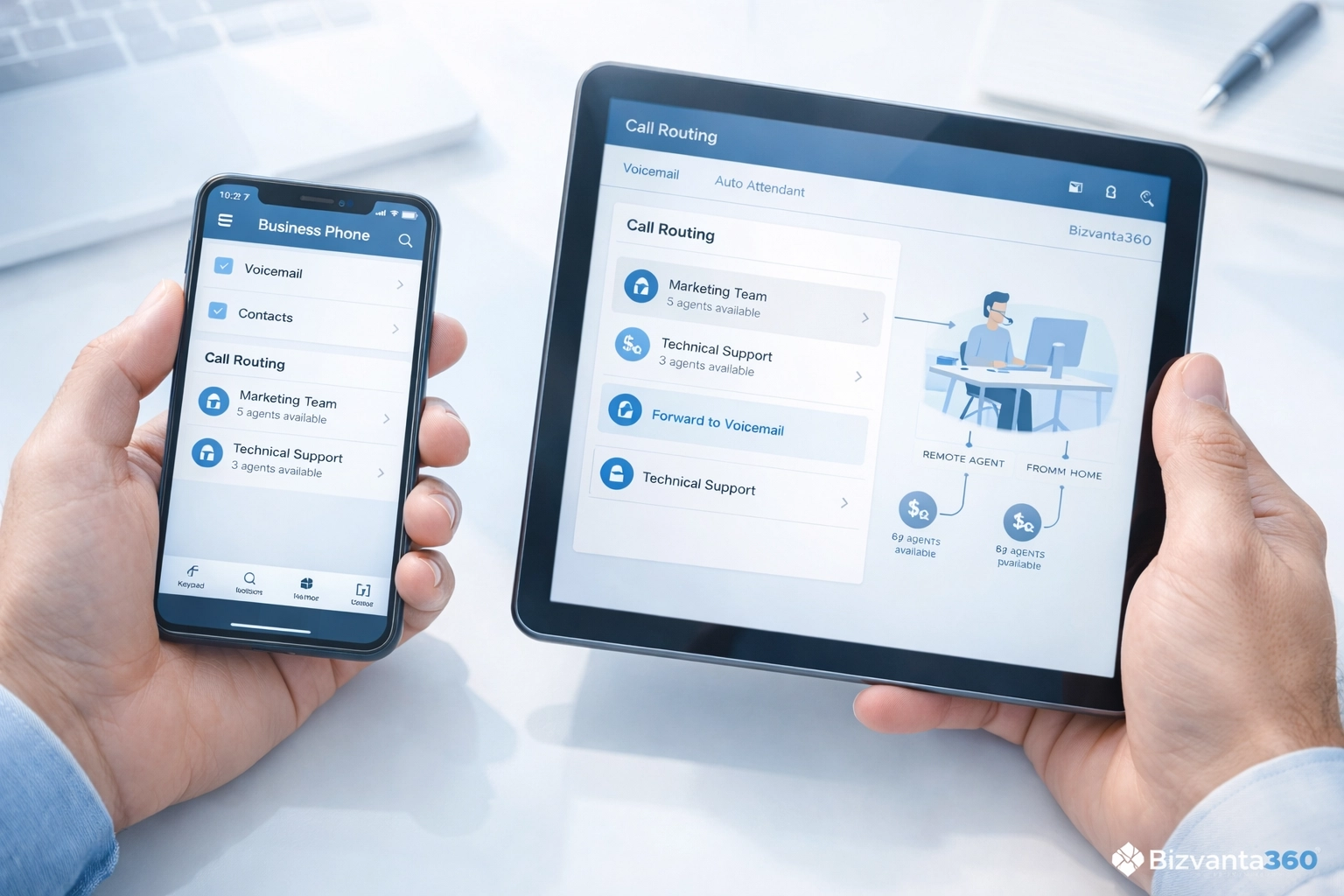 Mobile business phone apps on smartphone and tablet enabling remote work communications. Subtle Bizvanta360 logo integrated into the background.